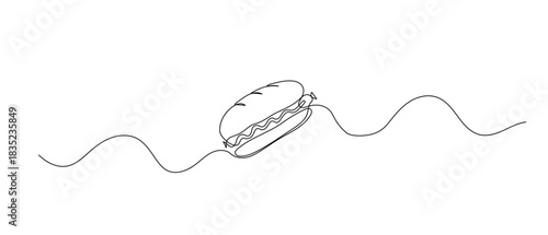 Hot dog one line illustration. Hand drawn doodle vector fast food sketch isolated on white background.
