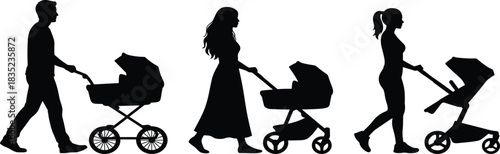 Vector Silhouettes of Parents Pushing Baby Strollers and Prams in Various Styles, Ideal for Family, Parenthood, New Baby, and Childcare Concepts.Vector Silhouettes of Parents Pushing Baby