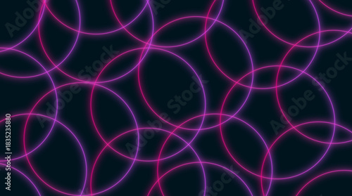 Dense overlapping neon glowing circles with purple and magenta gradient light on dark background, full-frame modern futuristic abstract geometric pattern.