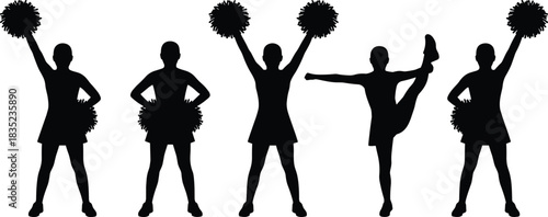Vector Silhouettes Set of Five Cheerleaders in Dynamic Poses, performing Stretches and Holding Pom Poms, Ideal for Sports, Teamwork, and School Spirit Concepts.Vector