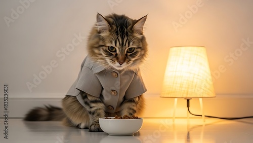 Minimalist Pet Accessories on Clean Surface Cat in Outfit by Lamp Light