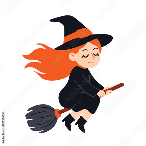 Cute cartoon witch flying on a broomstick with orange hair