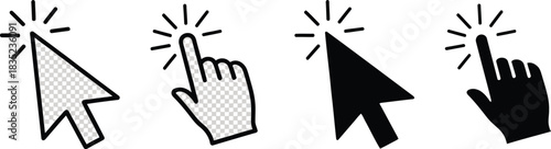 Clicking Arrow Pointer and Finger Icon Set with Transparent Background Design