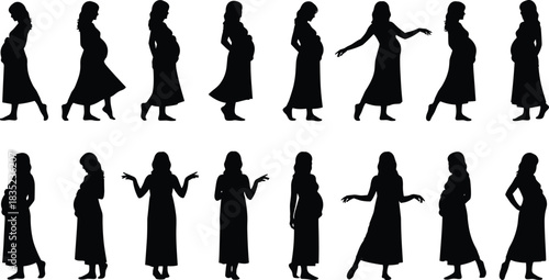 Black Silhouette Set of Pregnant Women in Various Poses, Showing Walking, Standing, and Touching the Belly, Ideal for Maternity, Health, and Baby Concepts.