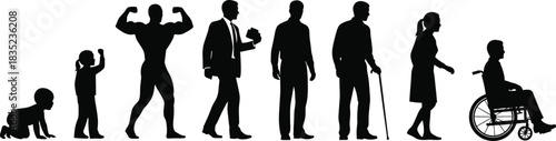 Black Silhouette Set Showing the Stages of a Man's Life, From Crawling Baby to Elderly with a Cane and Wheelchair, Illustrating Growth and Aging.