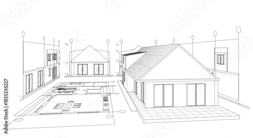 house traditional architecture plan 3d illustration	