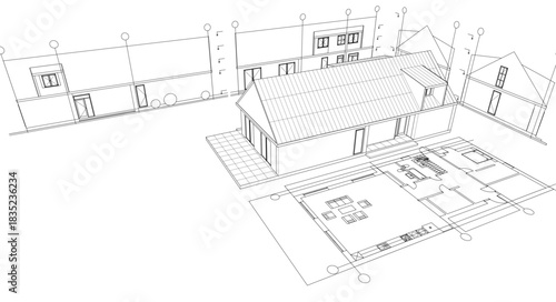 house traditional architecture plan 3d illustration	