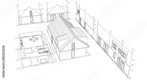house traditional architecture plan 3d illustration	