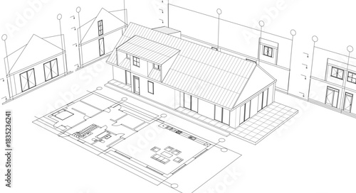 house traditional architecture plan 3d illustration	