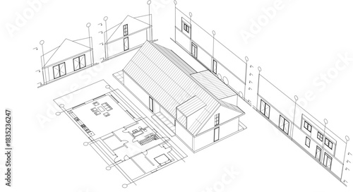 house traditional architecture plan 3d illustration	