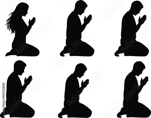 Black Silhouette Vector Set of People Kneeling in Prayer or Meditation, Showing Devotion, Worship, and Religious Faith, Ideal for Spiritual Concepts and Design.