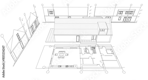 house traditional architecture plan 3d illustration	
