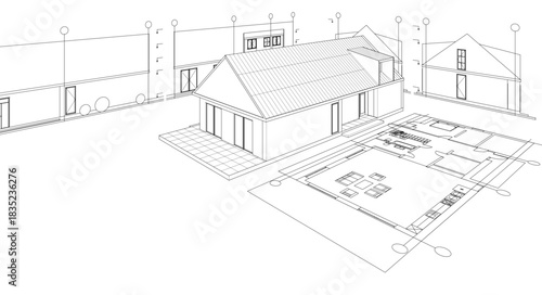 house traditional architecture plan 3d illustration	