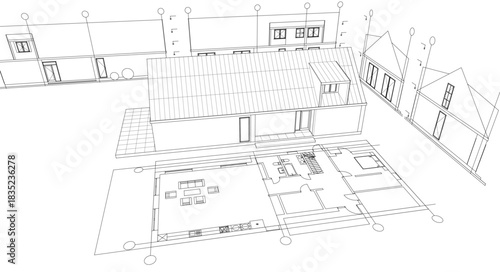 house traditional architecture plan 3d illustration	