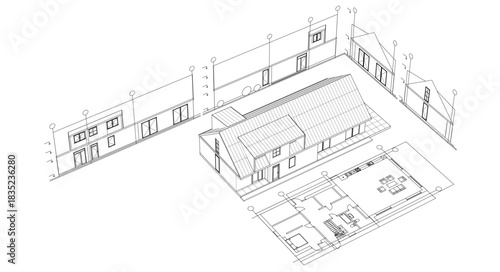 house traditional architecture plan 3d illustration	