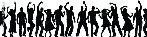 Black Silhouette Vector of a Diverse Group of People Dancing and Cheering, Showing Energetic Movement, Celebration, Party, Music, and Nightlife Atmosphere Concepts.
