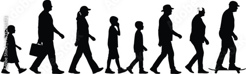 Human life stages silhouette, aging progression, generational timeline, childhood to old age, vector illustration, black figures, isolated on white background