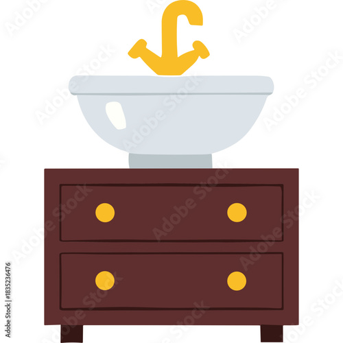 White Ceramic Sink With Gold Faucet Mounted On A Dark Wood Vanity Cabinet With Gold Knobs In A Minimalist Bathroom Setting