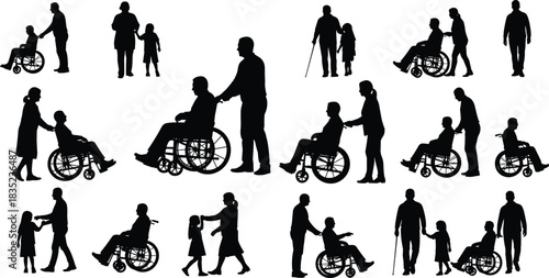 Large Vector Silhouette Set of Disabled People in Wheelchairs, Assisted by Caregivers, Showing Empathy, Support, and Accessible Healthcare Concepts.