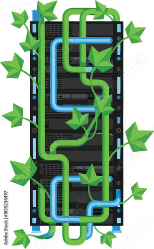 Abstract illustration of a vertical garden system with intertwined green vines and blue water pipes against a dark background