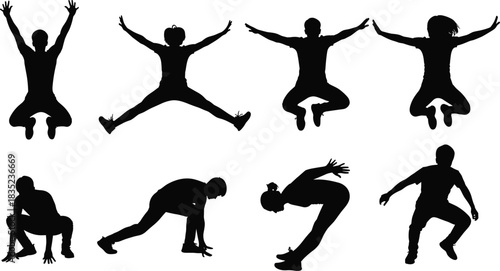 Dynamic human silhouette poses, athletic movement, dance gesture, expressive body action, sports figure, fitness energy, black vector illustration, isolated on white