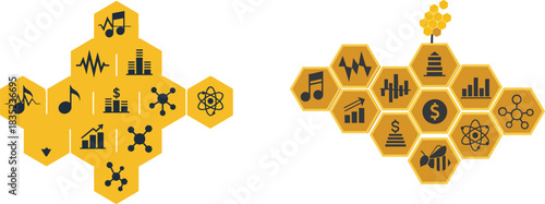 Abstract yellow hexagonal honeycomb structures with black musical notes and symbols on a white background