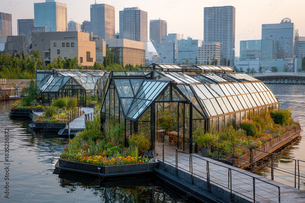 Fototapeta premium Floating garden with solar panels, white glass domes, and colorful flowers on water