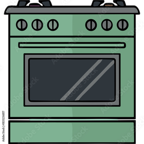 Vintage Green Stove Oven with Four Burners and Glass Oven Door on a White Background Detailed Illustration