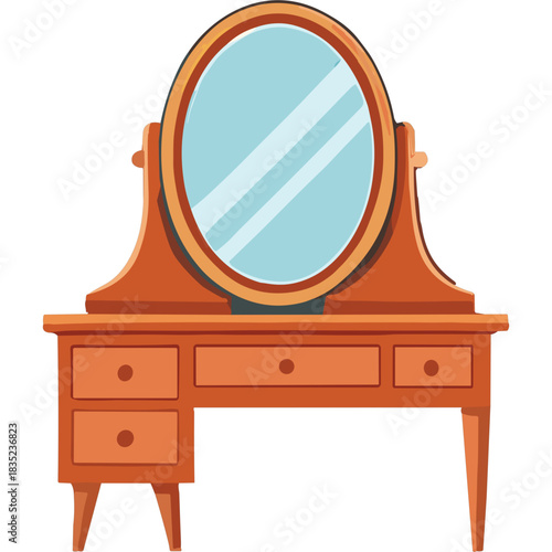 Vintage Oak Vanity Table with Oval Mirror and Drawers Elegant Bedroom Furniture Warm Natural Wood Tones Soft Blue Reflection in Mirror Clean Design