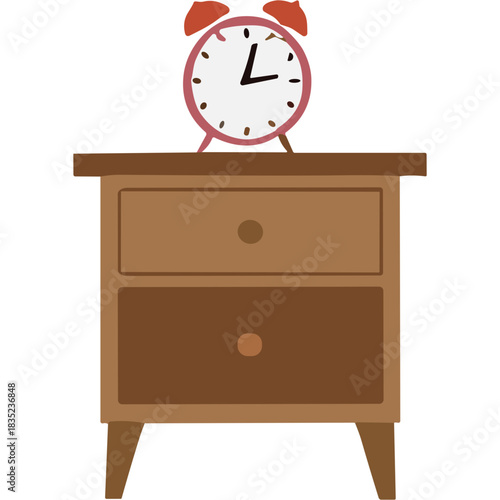 Vintage Red Alarm Clock Resting On A Brown Wooden Two Drawer Nightstand Against A Transparent Background