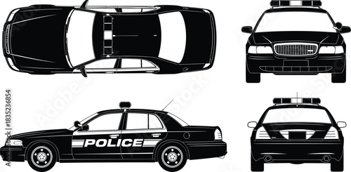 Police car silhouette vector set, top view, front view, side view, rear view, emergency vehicle illustration, law enforcement graphic, black icon