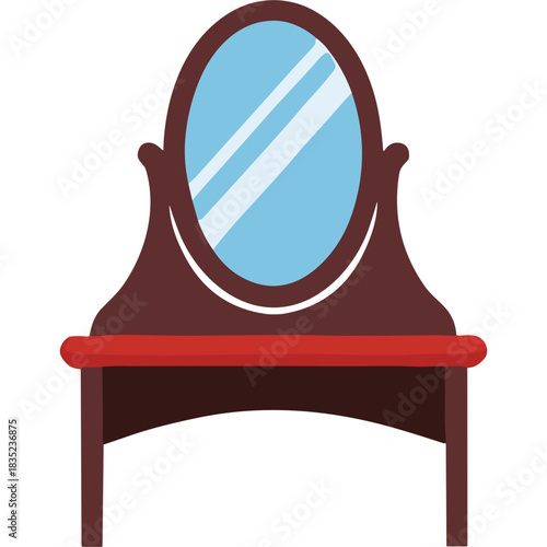Vintage Oval Mirror on Dark Wood Vanity Table with Red Accented Shelf Minimalist Illustration Object Isolated on Black Background