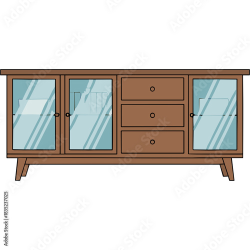 Vintage wooden sideboard with glass doors and drawers against a black background minimalist style interior design furniture object