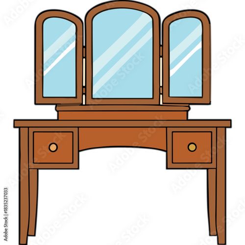 Vintage wooden vanity table with tri fold mirrors and drawers elegant furniture piece for bedroom dressing room classic design with light brown finish and reflective glass surfaces