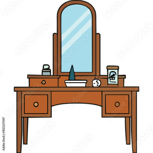 Vintage Wooden Vanity Table With Mirror And Drawers Holding Cosmetic Items And Perfume Bottles Inside A Brightly Lit Room