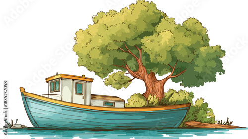 Detailed Cartoon Illustration of Boat with Tree on Side