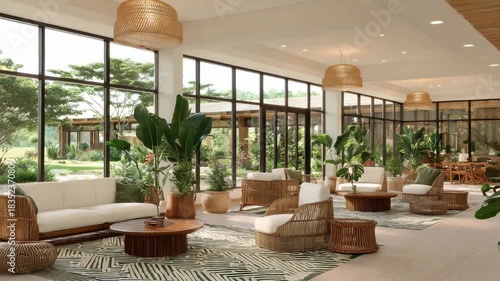 Bright Lobby Interior With White Seating Wicker Furniture and Tropical Plants Near Large Windows Overlooking Lush Garden During Daylight