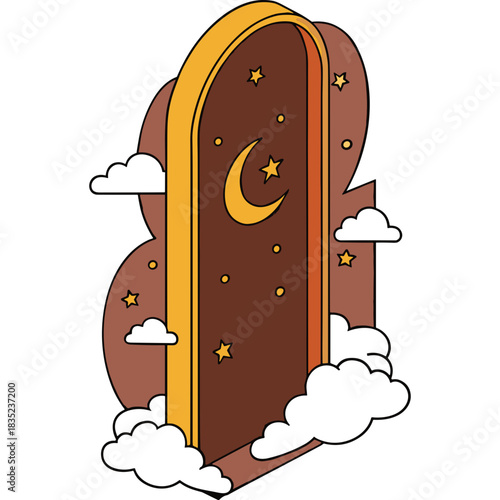 Whimsical Archway Portal Opening to a Starry Night Sky with Crescent Moon and Fluffy Clouds Surreal Dreamscape Illustration