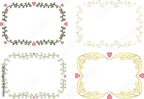 Collection Set Ornate Floral Vines with Hearts on Transparent Background