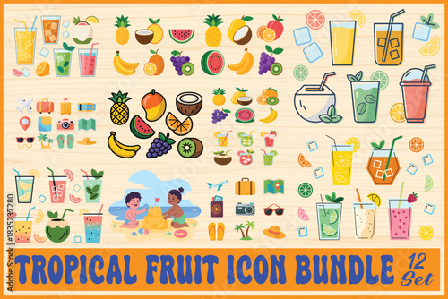 Vector illustration of a fresh set of drinks with cocktails juice fruit glasses ice and straws isolated on white background