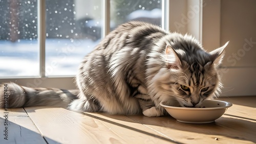 A fluffy silver maine coon cat eating from a simple bowl, showcasing Minimalist Pet Accessories on Clean sunlit wooden surface