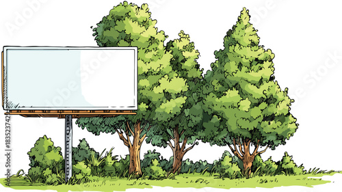 Vibrant Cartoon Billboard with Trees and Grass Vector Illustration