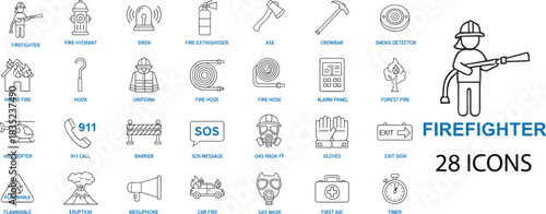 Comprehensive Firefighter and Emergency Response Line Icons Set, Featuring Extinguishers, Hydrants, Axes, Sirens, Safety Gear, and Disaster Evacuation Symbols