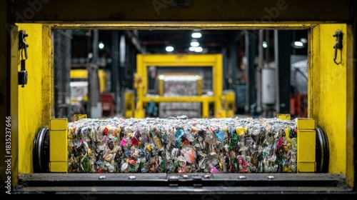 Medium shot of a hydraulic plastic waste compactor in operation showcasing powerful compression reducing volume for efficient transport and recycling.