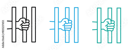  Hands gripping prison bars, colorful freedom concept design. Prison bars with hands vector illustration set. Jail cell line art with clenched fists behind bars.