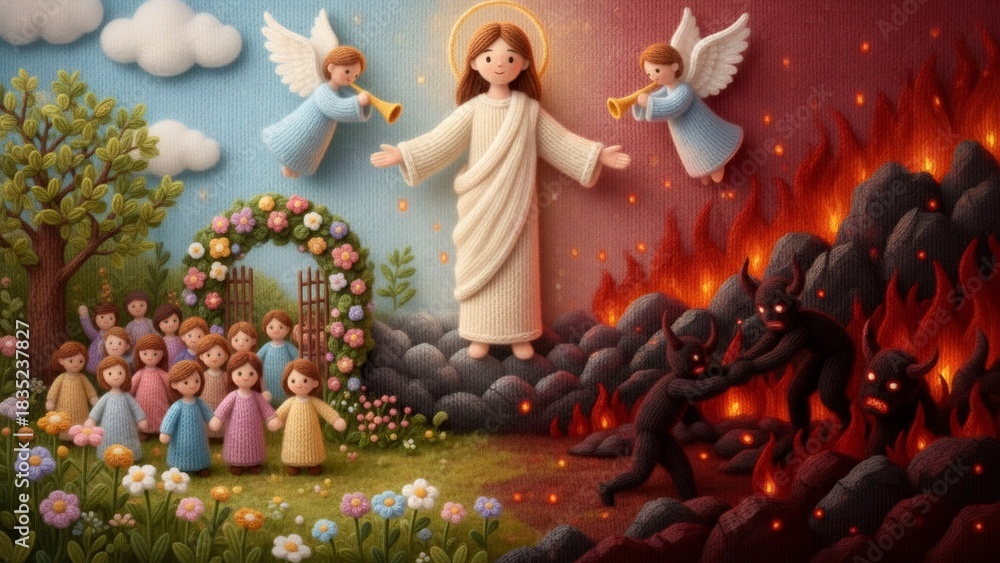 Obraz premium Jesus, angels, and children in a knitted biblical scene, showing heaven and hell, for Christian education and spiritual inspiration.
