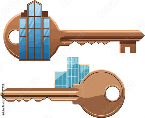 Two antique brass keys with crystalline blue ice structures emerging from their keyways representing cold storage solutions or frozen assets
