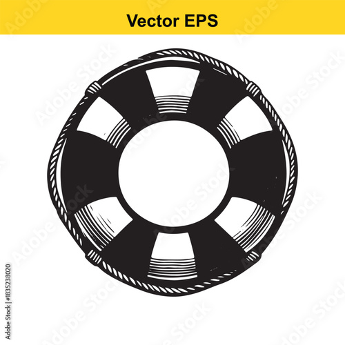 Nautical safety equipment, lifebuoy in black and white design