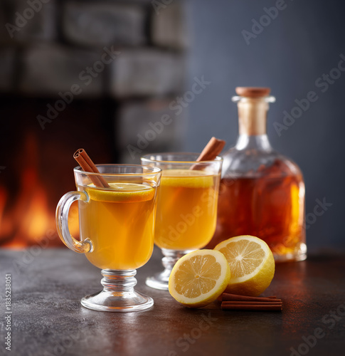 Hot Toddy Grog Cocktail with Lemon and Cinnamon by the Fireplace