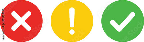 Colorful Circles Icons Red Cross, Yellow Exclamation, Green Check On White